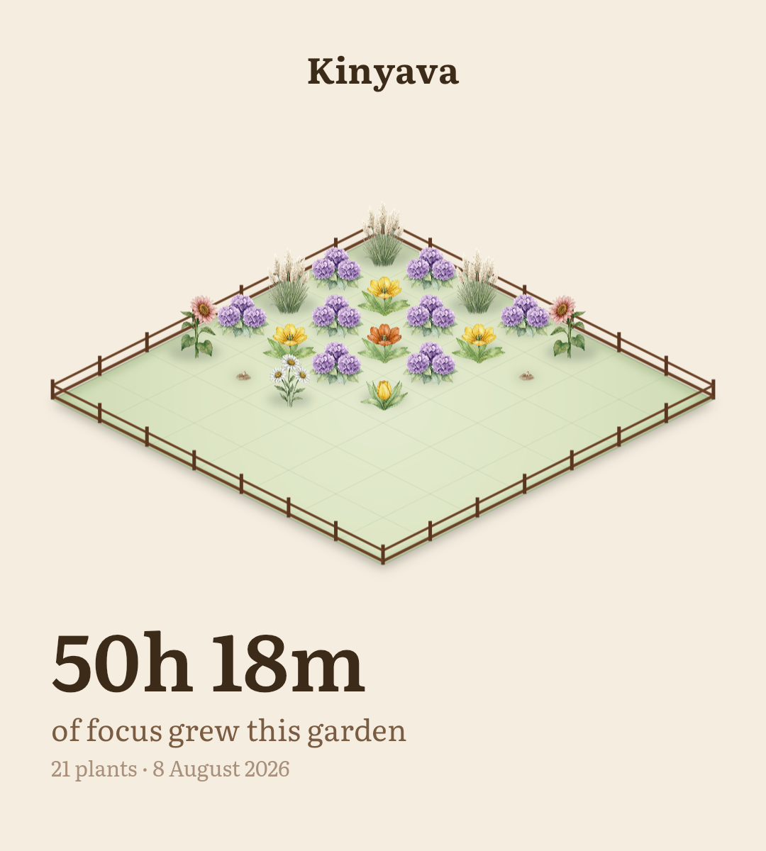 A Kinyava garden after 50 hours and 18 minutes of focus